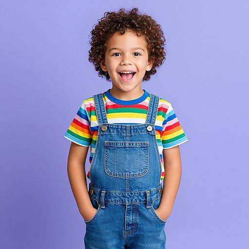 Photograph of a happy, curly-haired young boy with light brown skin, wearing rainbow-striped shirt and blue denim overalls, smiling with hands in pockets