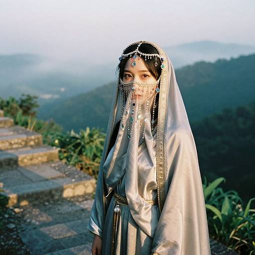 Photograph of an Asian woman in traditional silver attire with a bejeweled veil, standing on stone steps against a misty mountain backdrop.