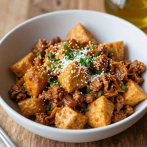 Photograph of a white bowl filled with golden-brown tofu, crispy fried noodles, and green onion garnish, topped with white sesame seeds, on
