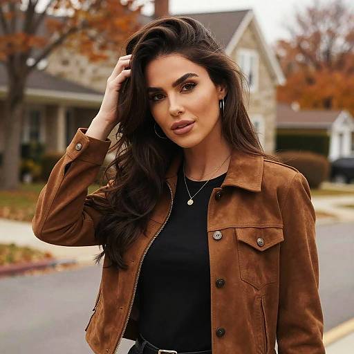 Photograph of a beautiful brunette woman with long, wavy hair wearing a brown suede jacket, black top, and necklace, standing on a suburban street