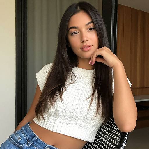 Photograph of a young Latina woman with long black hair, wearing a white knit crop top and blue jeans, posing indoors with a relaxed expression and hand