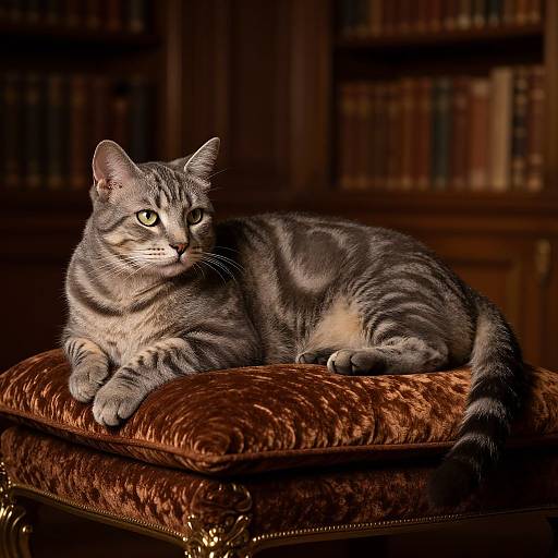 Photograph of a gray tabby cat with green eyes lounging on a rich, brown velvet cushion in a dimly lit, wooden bookshelf-filled