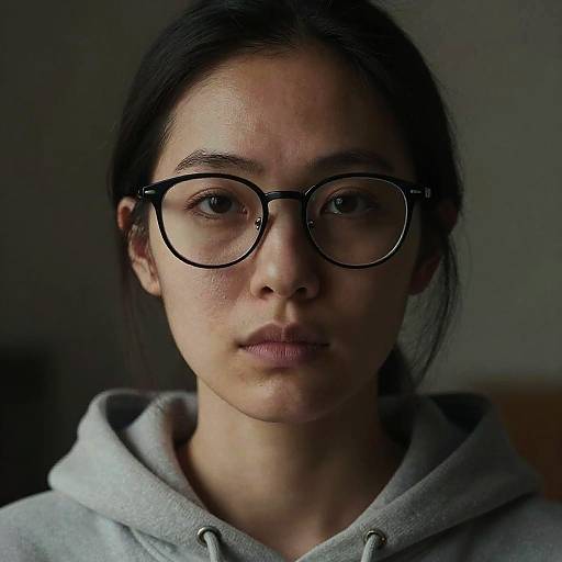 Photograph of a young woman with medium skin tone, dark hair, and black-rimmed glasses, wearing a grey hoodie, looking directly at the
