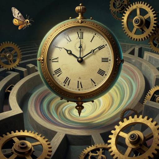 Steampunk clock with Roman numerals, gold frame, and black hands, surrounded by interlocking gears and a butterfly, set against a dark,