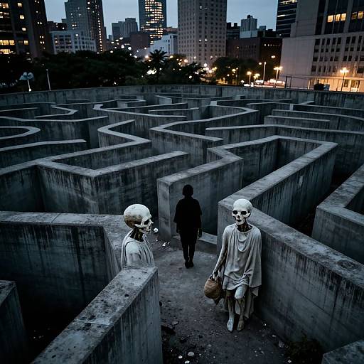 Photograph of three human-like figures with white skulls, wearing white robes, walking through a dark, maze-like concrete urban rooftop at twilight, with a