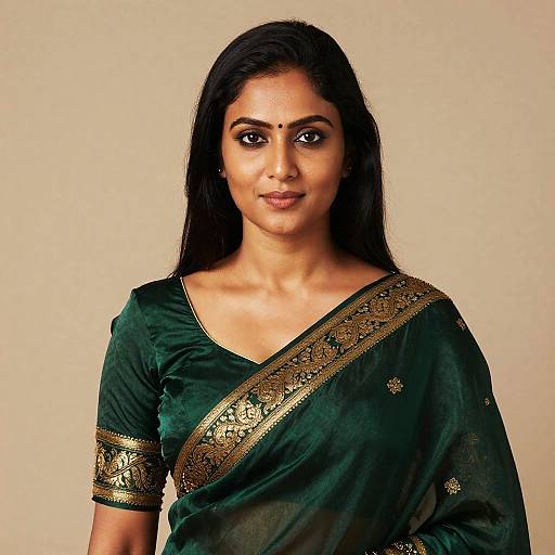 South Asian Woman in Emerald Green Silk Sari
