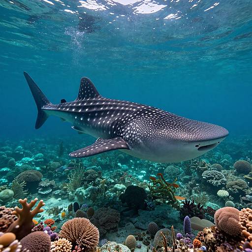 Photograph of a large, spotted blacktip reef shark swimming over a vibrant, colorful coral reef underwater with sunlight filtering through the blue ocean.