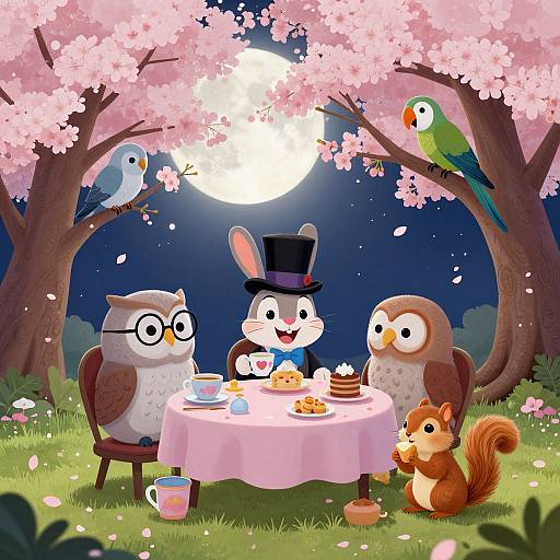Cartoon-style illustration of anthropomorphic animals having a moonlit tea party under cherry blossoms. Owl wears a top hat, surrounded by owl, squirrel
