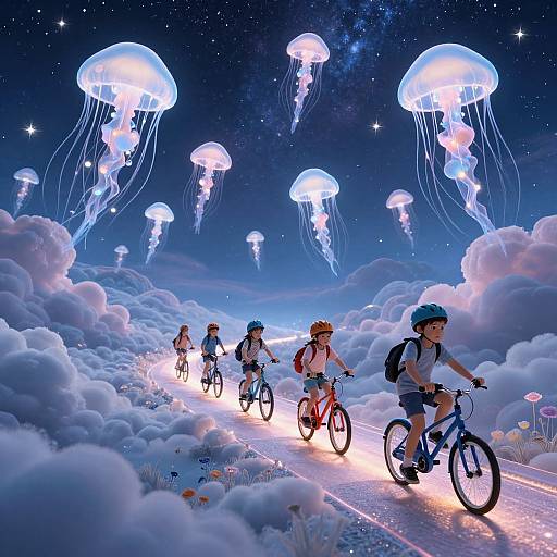 Digital artwork: Children riding bicycles through a dreamy, starry night sky filled with glowing jellyfish and fluffy clouds, with a glowing road beneath.