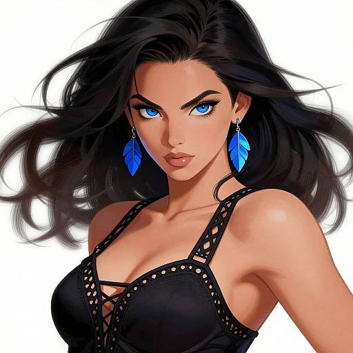 Digital illustration of a stunning woman with long black hair, blue eyes, and blue diamond-shaped earrings, wearing a black, lace-up, cleavage-b