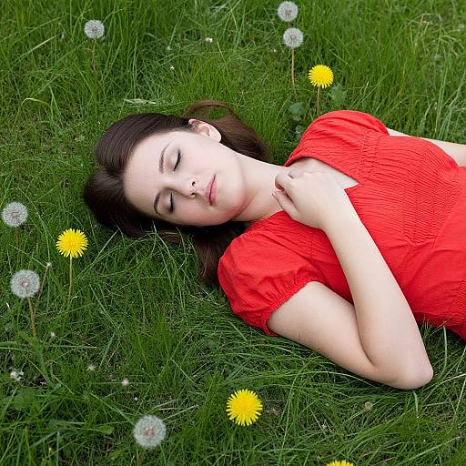 Woman in Red Dress on Dandelions