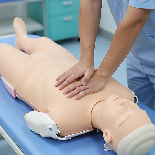 Photograph of a male massage therapist with light skin, wearing a blue shirt, massaging a realistic, life-sized, nude doll lying on a blue