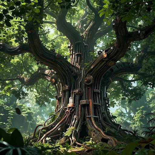 Digital artwork of a massive, ancient tree with tangled, mechanical roots and vines in a lush, sunlit forest, blending nature and technology.