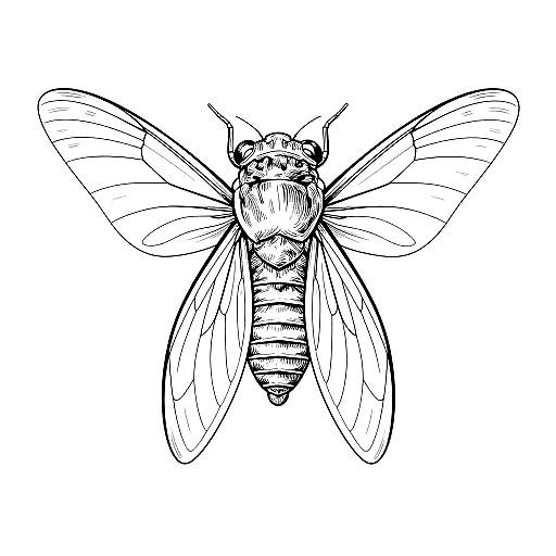 Black and white line drawing of a detailed dragonfly with outstretched wings, showcasing intricate wing veins and segmented body.