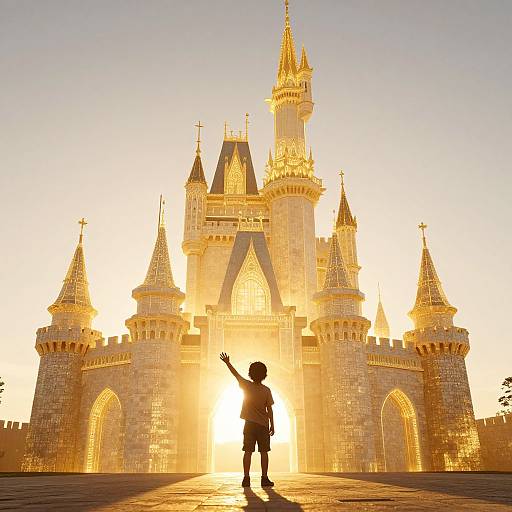 Photograph of a child with raised arm standing in front of a brightly illuminated, golden castle at sunset, casting a long shadow.