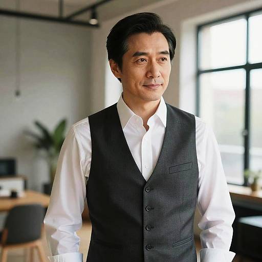 Photograph of a middle-aged Asian man with dark hair, wearing a white shirt and black vest, smiling in a bright, modern office with large windows