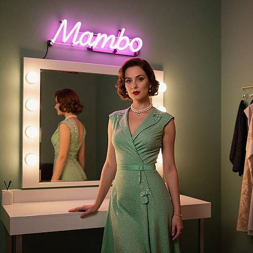 Photograph of a stylish woman in a green, polka-dot dress, standing in a chic dressing room with neon 