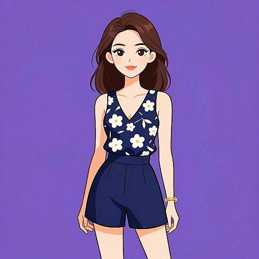 Digital anime-style drawing of a young woman with dark brown hair, wearing a navy sleeveless top with white floral patterns and matching high-waisted shorts