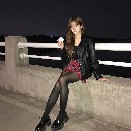 Woman in Leather Jacket Sitting on Concrete Railing at Night
