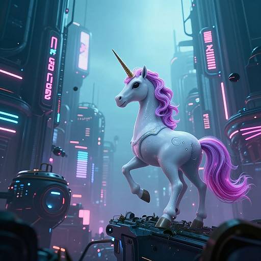 Digital art of a white unicorn with a pink mane and tail, standing on a futuristic city street with neon signs. Cyberpunk style. Unicorn has a