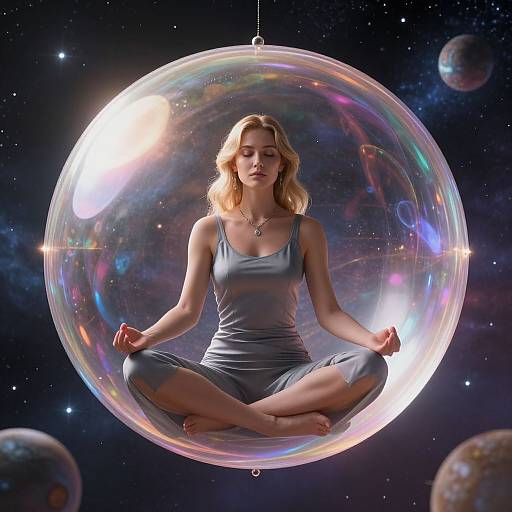 Photograph of a blonde woman with fair skin, wearing a gray tank top and shorts, meditating cross-legged inside a glowing, iridescent bubble
