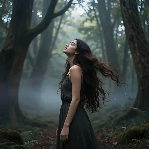 Photograph of a long-haired woman in a black dress, eyes closed, head tilted back in a misty, dark forest. Her wavy hair