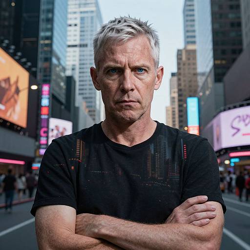 Photograph of a serious, middle-aged man with silver hair, blue eyes, and a black graphic t-shirt, standing in a busy city street with