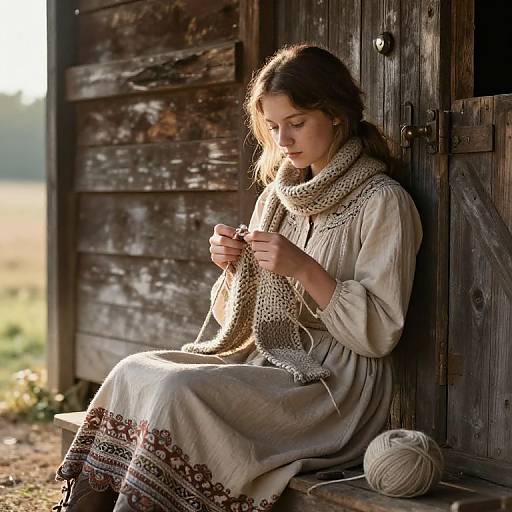 Western Girl Knitting by Barn
