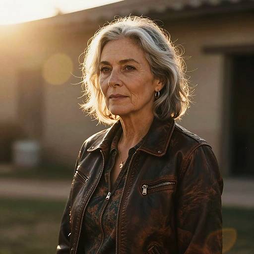 Middle-Aged Woman in Leather Jacket at Golden Hour
