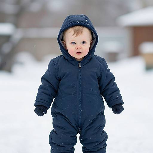 Photograph of a cute, wide-eyed baby with light skin and blond hair, wearing a black hooded snowsuit and black gloves, standing in a