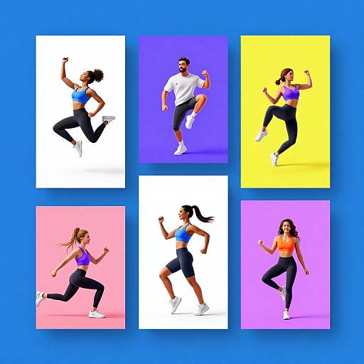 Photograph of six diverse, fit individuals in vibrant workout outfits (blue, white, yellow, pink, purple backgrounds) energetically running, jumping