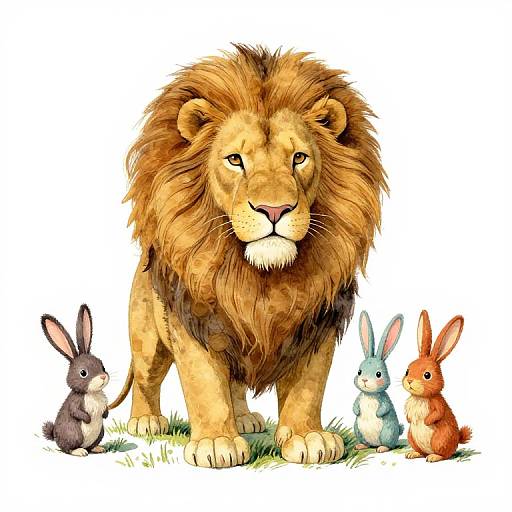 Digital illustration of a majestic lion with a golden mane standing on grass, surrounded by three colorful rabbits: gray, blue, and red.