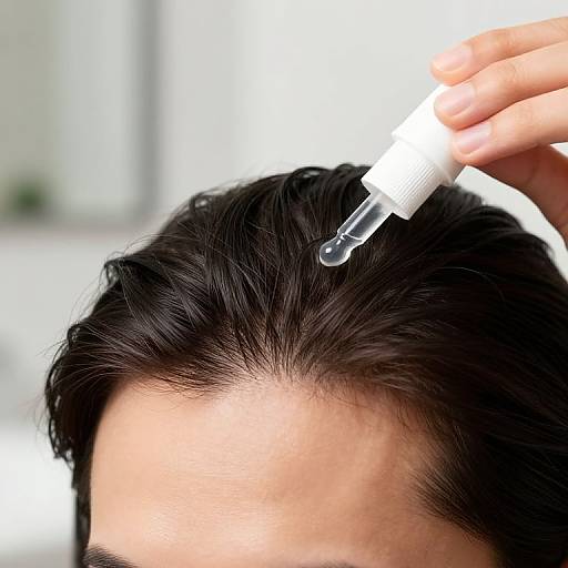 Close-up photograph of a person with dark hair, hand holding a white hair treatment applicator on their scalp.