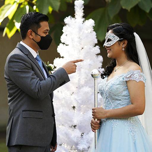 Bride and Groom in Masquerade Wedding Portrait