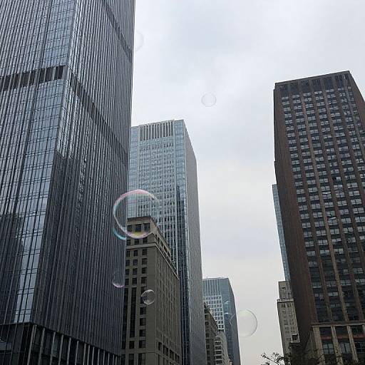 Photograph of towering, modern skyscrapers with reflective glass and brick facades, under an overcast sky; several large, translucent bubbles float in