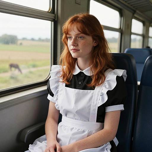 Photograph of a young redhead woman with freckles, wearing a black-and-white maid uniform, sitting in a train car with a blurry countryside view
