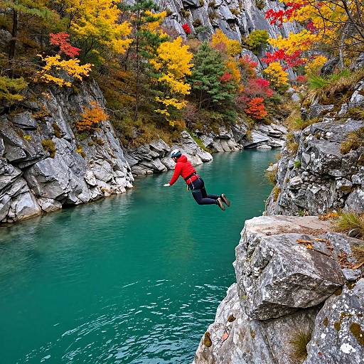 Photograph of a person in a red shirt and black pants cliff jumping into a turquoise river, surrounded by autumnal trees with vibrant yellow, orange,