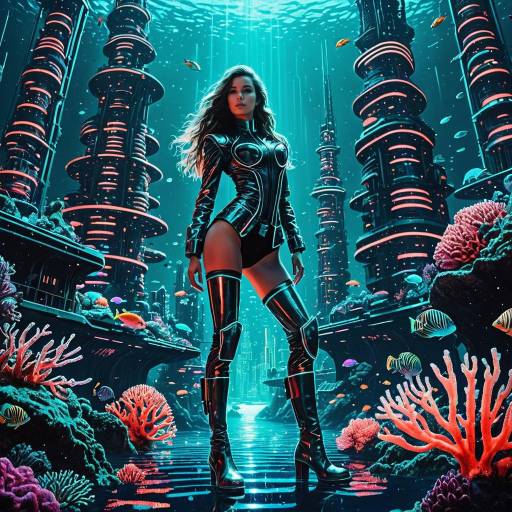 Retro-Futuristic Underwater Woman in Neon City