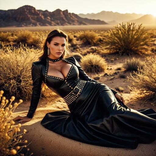 Glamorous Model in Black Leather Dress Reclining in Desert