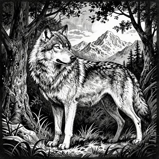 Black-and-white ink drawing of a standing wolf with detailed fur, surrounded by dense forest, and mountainous background, under a bright sky.