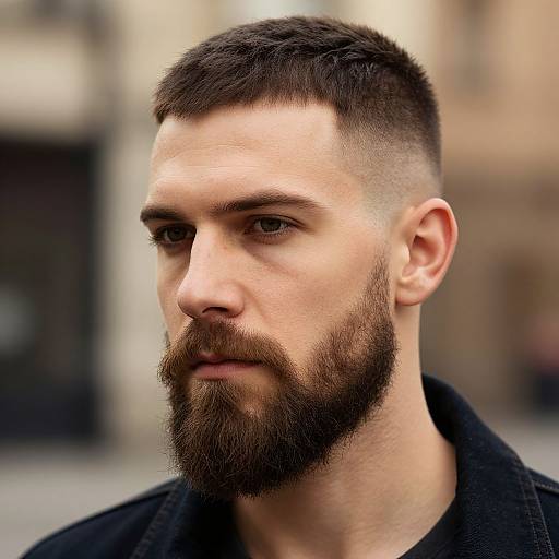 Photograph of a bearded Caucasian man with short, dark hair, close-cropped sides, and a serious expression, wearing a black coat, against
