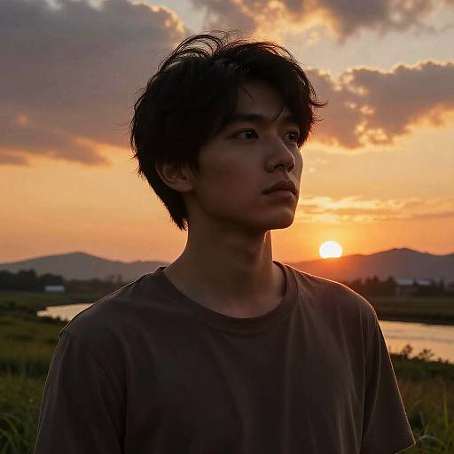 Photograph of an Asian man with short, messy black hair, wearing a dark brown shirt, gazing at a vibrant orange sunset over a cloudy sky
