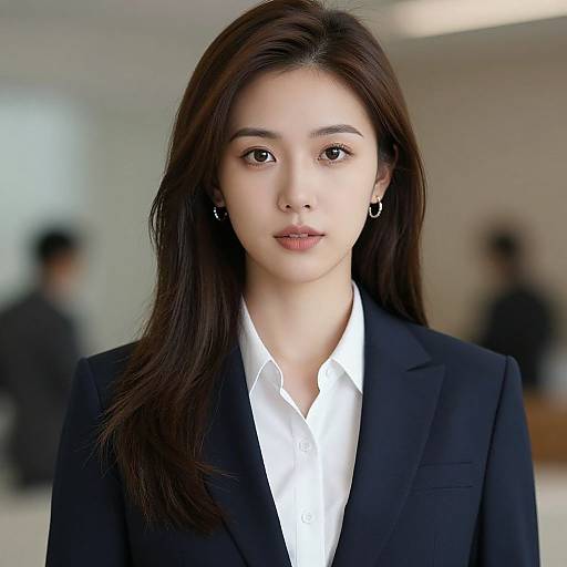 Photograph of an Asian woman with long brown hair, wearing a black blazer and white shirt, standing in a blurred office background. She has fair