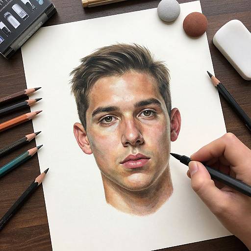 Realistic portrait sketch of a young man with dark hair and brown eyes, created with colored pencils on white paper.