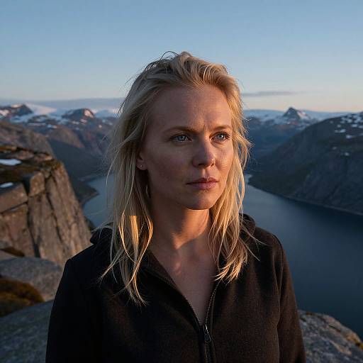 Photograph of a blonde woman with blue eyes, wearing a black zip-up hoodie, standing on a rocky cliff at sunset, overlooking a fjord with