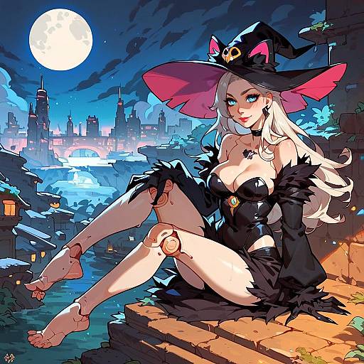 Digital anime-style illustration of a sexy witch with white hair, large breasts, black outfit, and pink hat, sitting on a ledge under a full moon