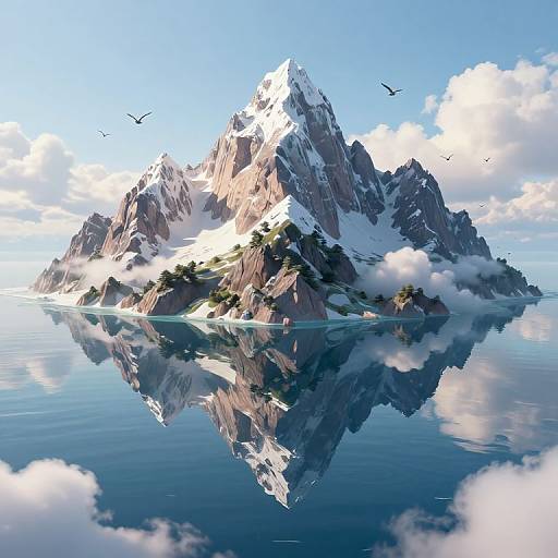 Photorealistic CGI of a snow-capped mountain island with reflected image in calm blue water, surrounded by fluffy clouds and flying birds.