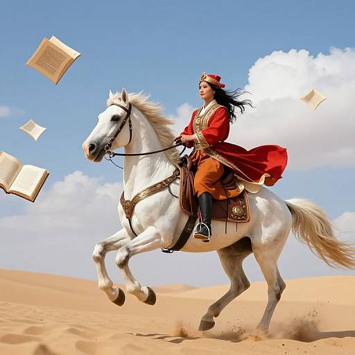 Digital artwork of a dark-haired woman in a red and gold robe riding a white horse, with flying open books against a blue sky and sandy desert backdrop
