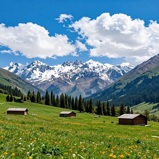 Photograph of a vibrant meadow with wildflowers, small wooden cabins, and snow-capped mountains under a bright blue sky with fluffy white clouds.