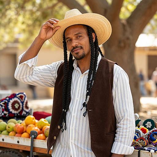 Stylish Man with Braids in Sunlit Market